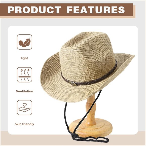 Straw Cowboy Hat Unisex Wide Brim Cowgirl Beach Sun Hat Holiday - Picture 4 of 6